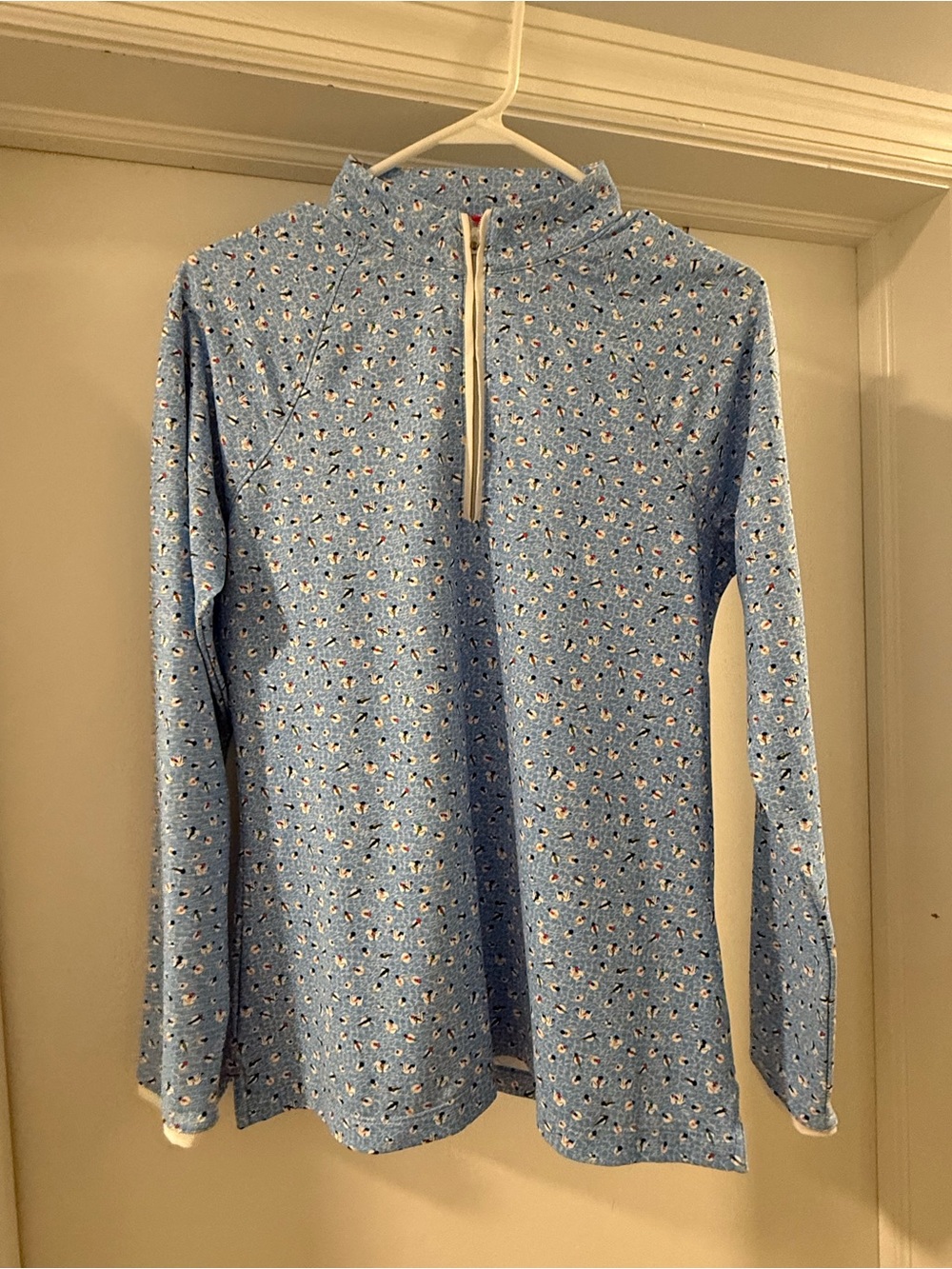 Light Blue Long Sleeve Half-Zip Pullover with Swimmers Print